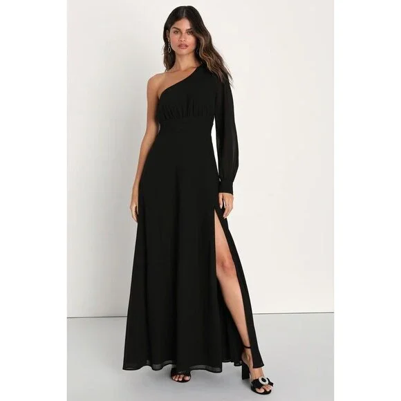 Lulus | Dresses | Lulus Graceful Elegance Black Oneshoulder Long Sleeve  Maxi Dress Size Xs | Poshmark